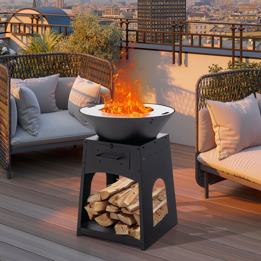 Heavy Duty Fire Pit With firewood rack and Fire Poker-Black - TidySpaces