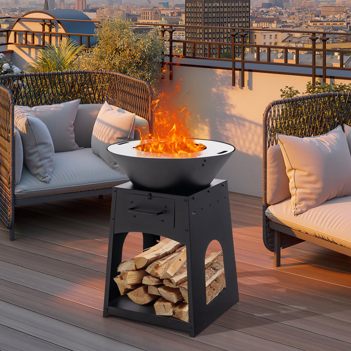 Heavy Duty Fire Pit With firewood rack and Fire Poker-Black - TidySpaces