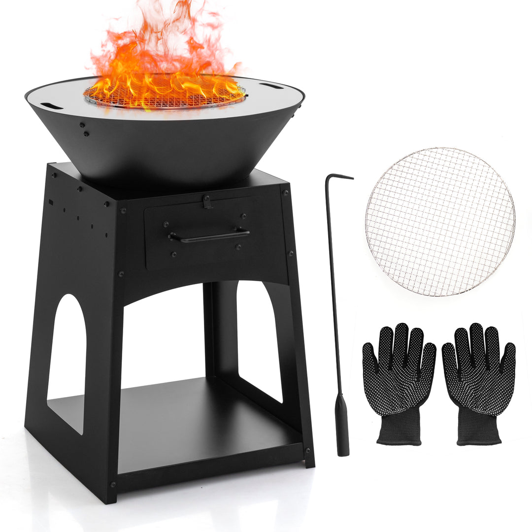 Heavy Duty Fire Pit With firewood rack and Fire Poker-Black - TidySpaces