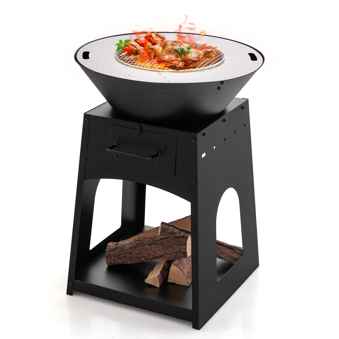 Heavy Duty Fire Pit With firewood rack and Fire Poker-Black - TidySpaces