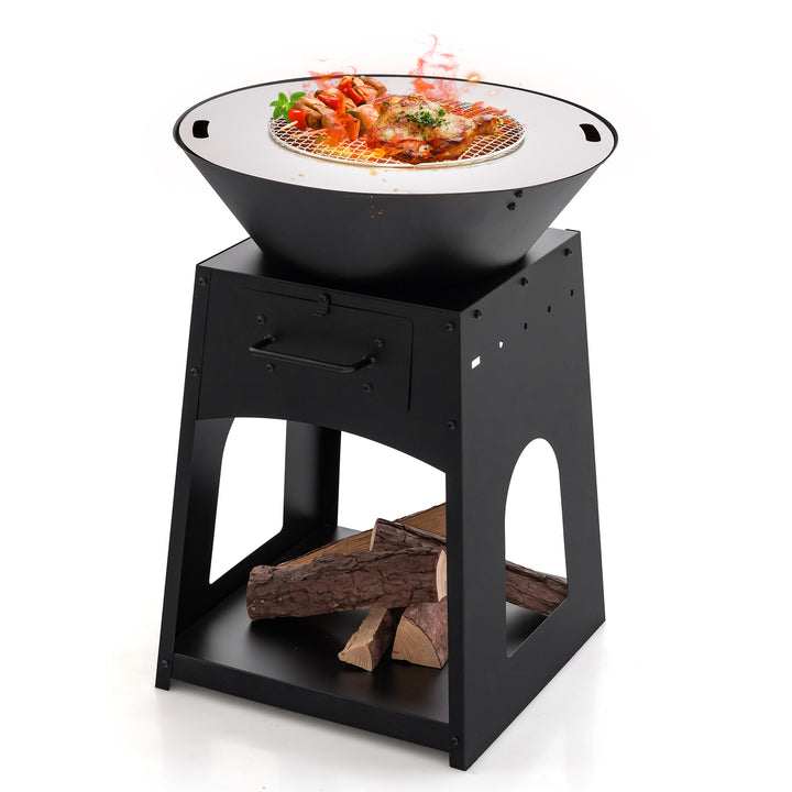 Heavy Duty Fire Pit With firewood rack and Fire Poker-Black - TidySpaces