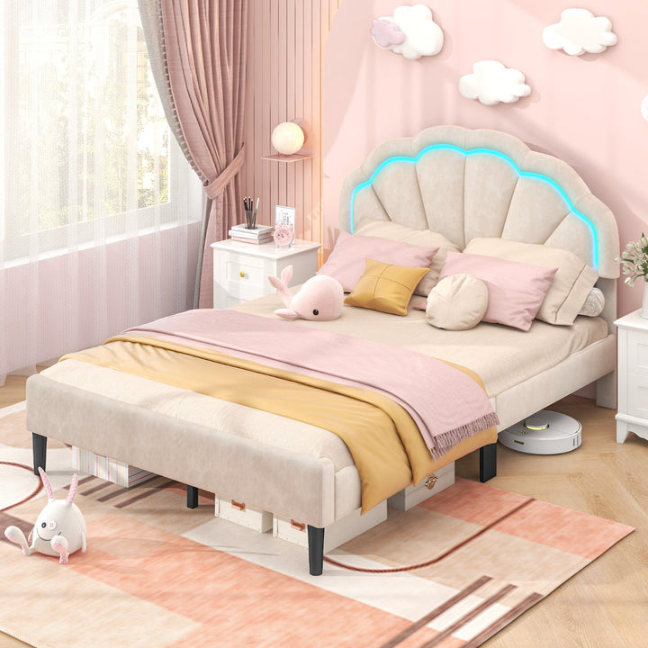 Platform Bed with Adjustable Petal Headboard and Wooden Slats Support - TidySpaces