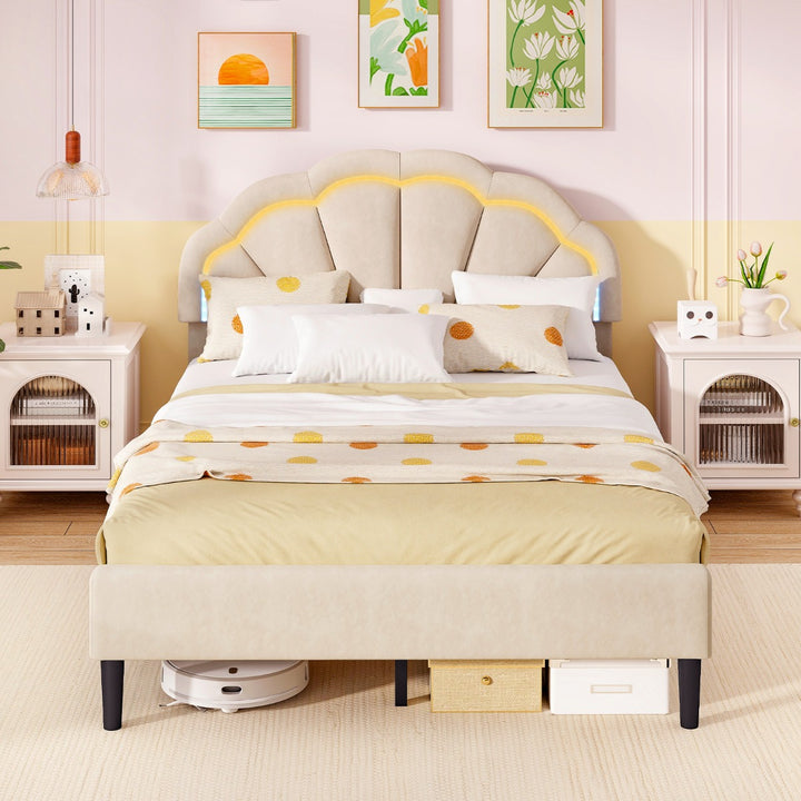 Platform Bed with Adjustable Petal Headboard and Wooden Slats Support - TidySpaces