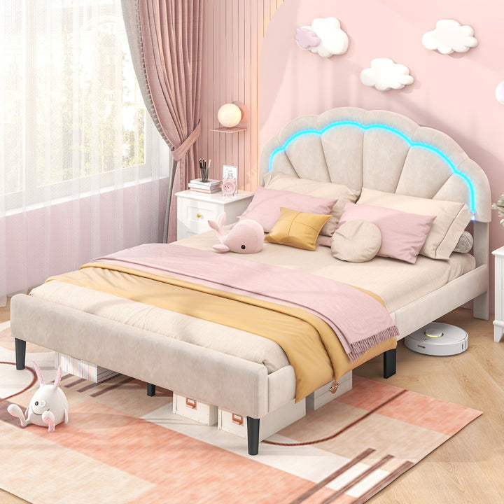 Platform Bed with Adjustable Petal Headboard and Wooden Slats Support - TidySpaces
