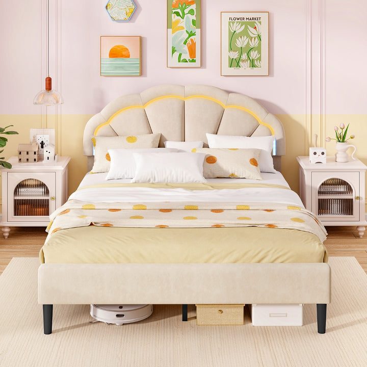 Platform Bed with Adjustable Petal Headboard and Wooden Slats Support - TidySpaces