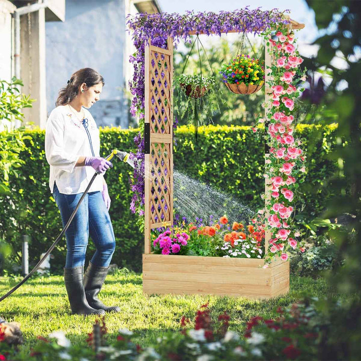 Raised Garden Bed Fir Wood Planter Box with 2-Sided Trellis and Hanging Roof