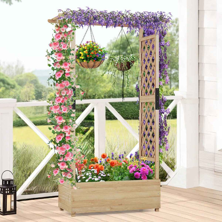 Raised Garden Bed Fir Wood Planter Box with 2-Sided Trellis and Hanging Roof