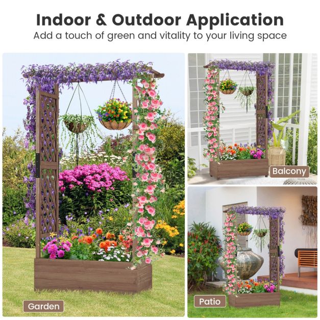 Raised Garden Bed Fir Wood Planter Box with 2-Sided Trellis and Hanging Roof