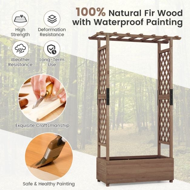 Raised Garden Bed Fir Wood Planter Box with 2-Sided Trellis and Hanging Roof