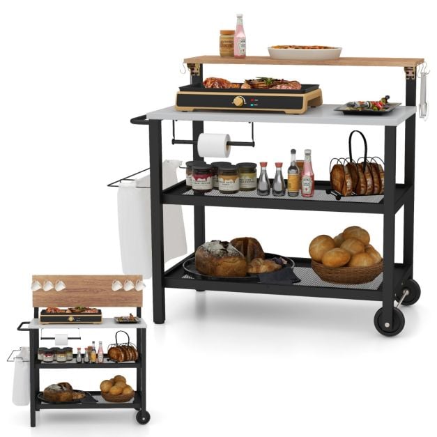 Rolling Bar Cart with Flip-up Table with Hooks and Foldable Handle - TidySpaces