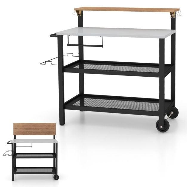 Rolling Bar Cart with Flip-up Table with Hooks and Foldable Handle - TidySpaces