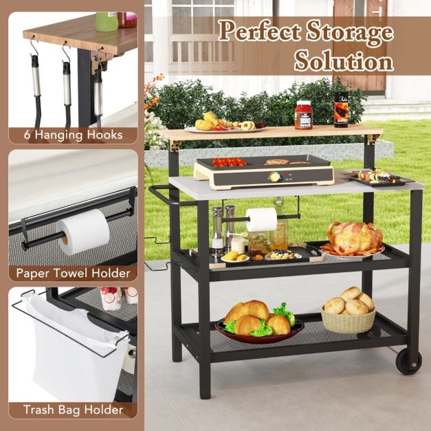 Rolling Bar Cart with Flip-up Table with Hooks and Foldable Handle - TidySpaces