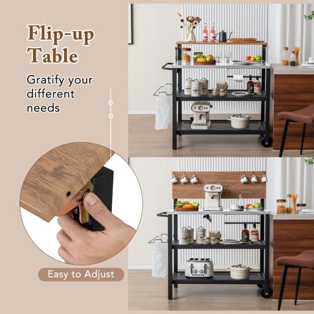 Rolling Bar Cart with Flip-up Table with Hooks and Foldable Handle - TidySpaces