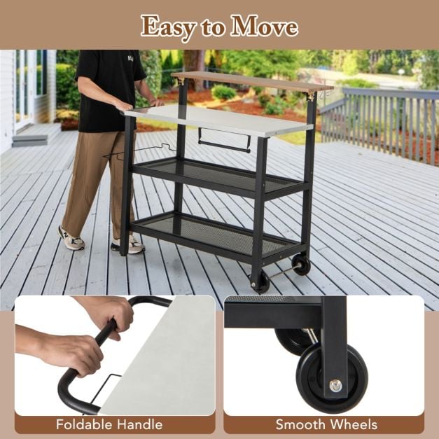 Rolling Bar Cart with Flip-up Table with Hooks and Foldable Handle - TidySpaces