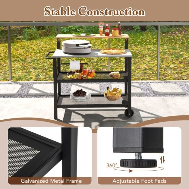 Rolling Bar Cart with Flip-up Table with Hooks and Foldable Handle - TidySpaces