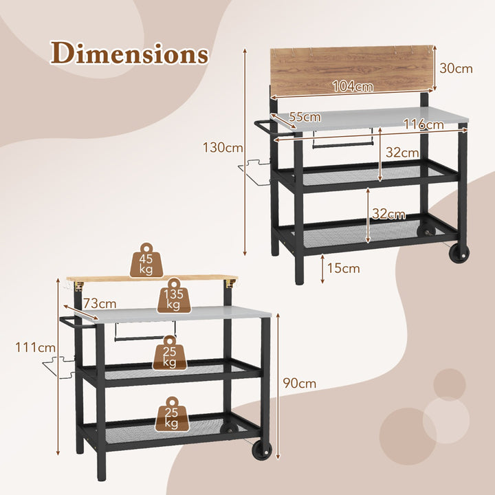 Rolling Bar Cart with Flip-up Table with Hooks and Foldable Handle - TidySpaces
