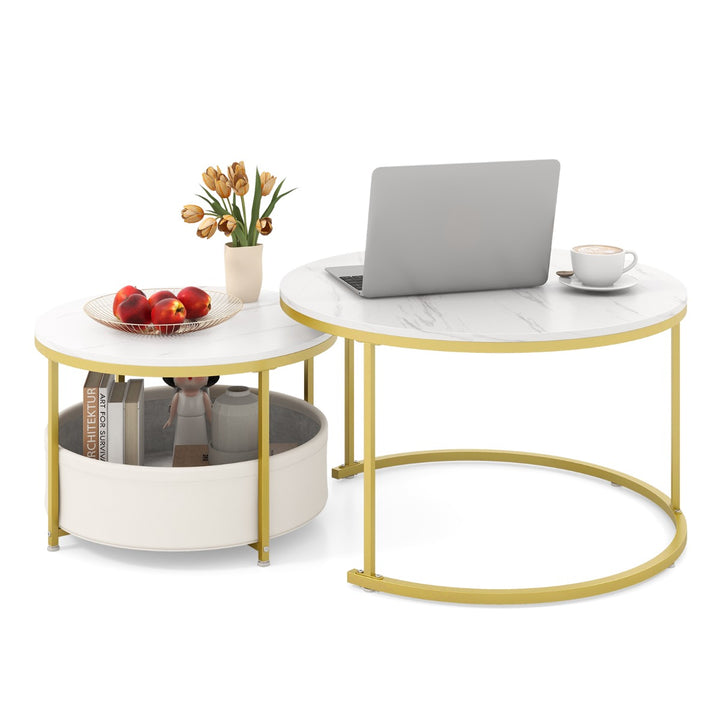 Round Coffee Table Set of 2 Circle Cocktail Table with Storage Basket - TidySpaces