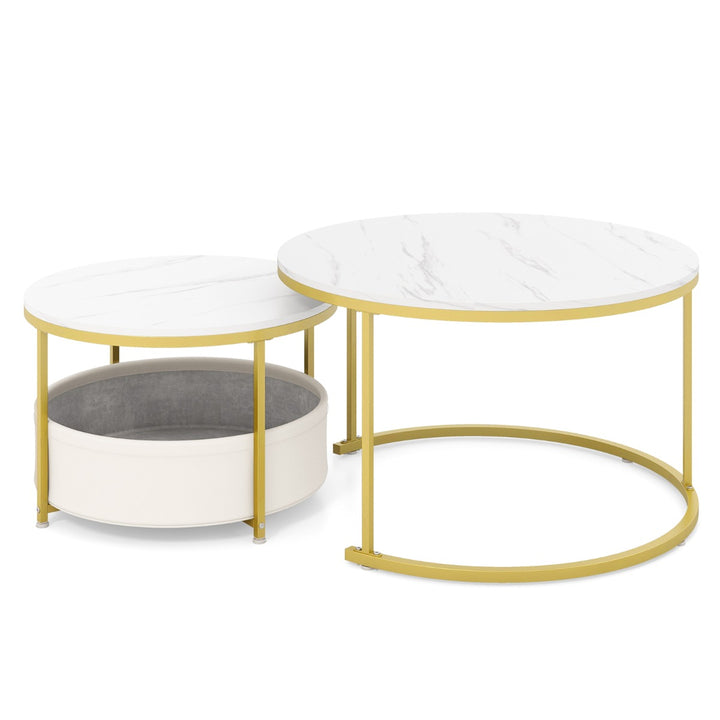 Round Coffee Table Set of 2 Circle Cocktail Table with Storage Basket - TidySpaces