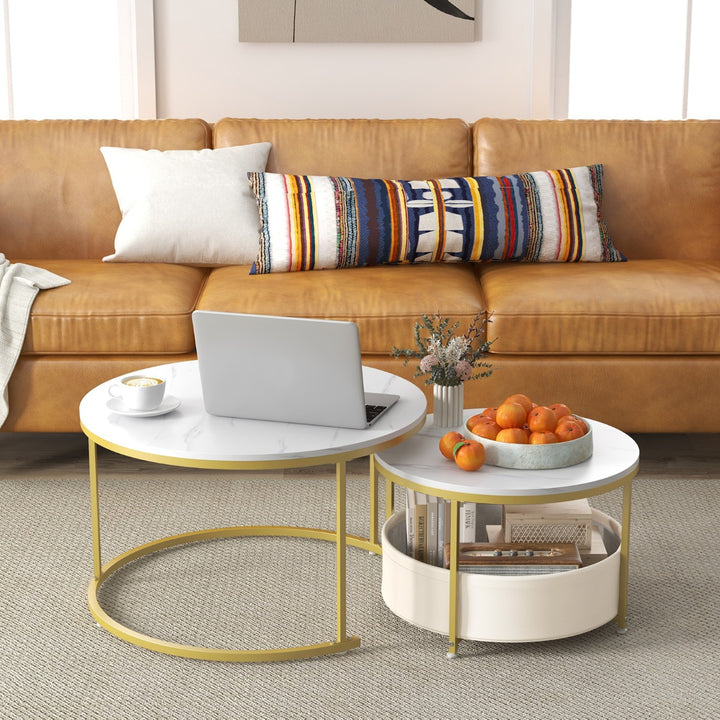 Round Coffee Table Set of 2 Circle Cocktail Table with Storage Basket - TidySpaces