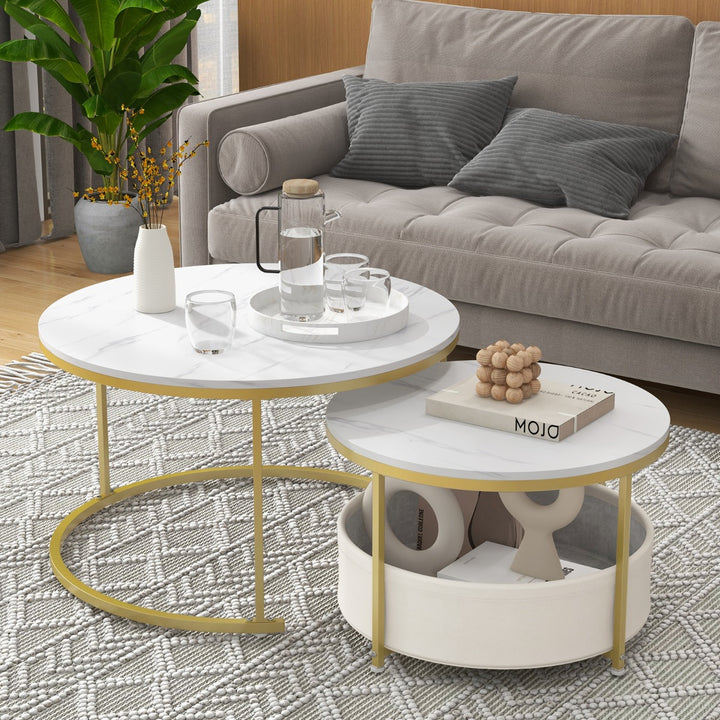 Round Coffee Table Set of 2 Circle Cocktail Table with Storage Basket - TidySpaces