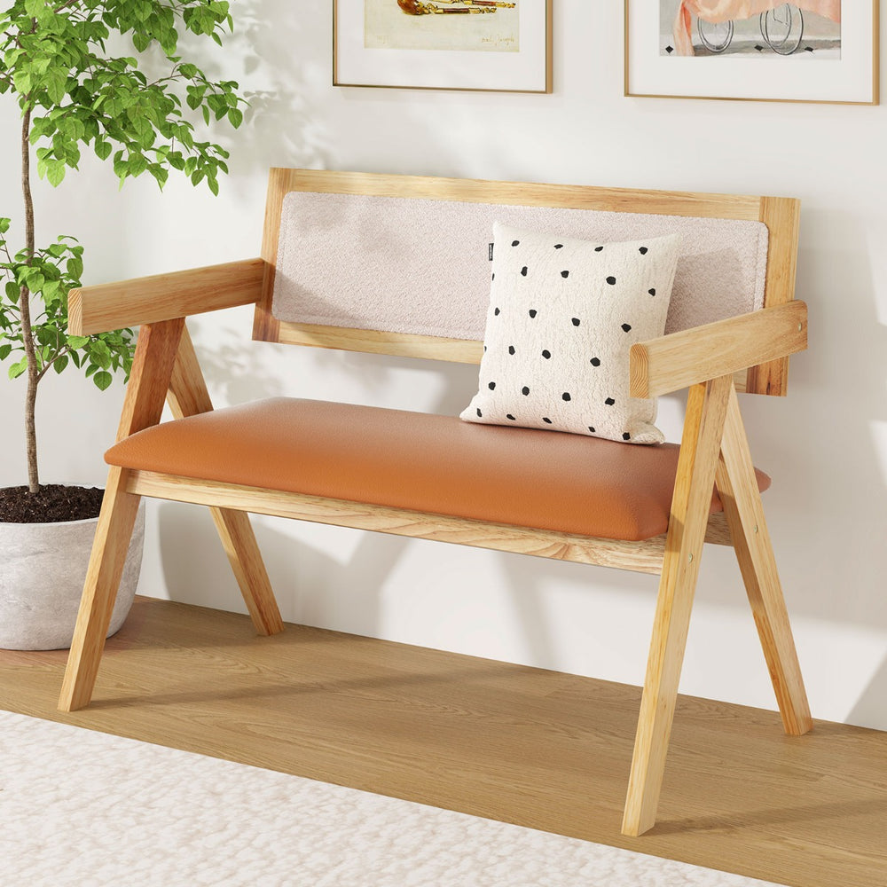 Rubber Wood Dining Bench with Armrest and Sherpa Upholstered Backrest-Natural - TidySpaces