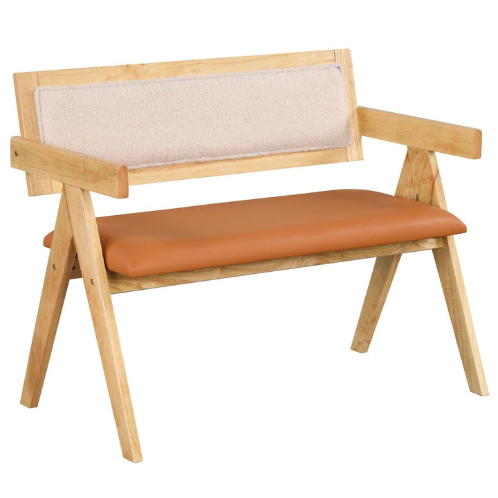 Rubber Wood Dining Bench with Armrest and Sherpa Upholstered Backrest-Natural - TidySpaces