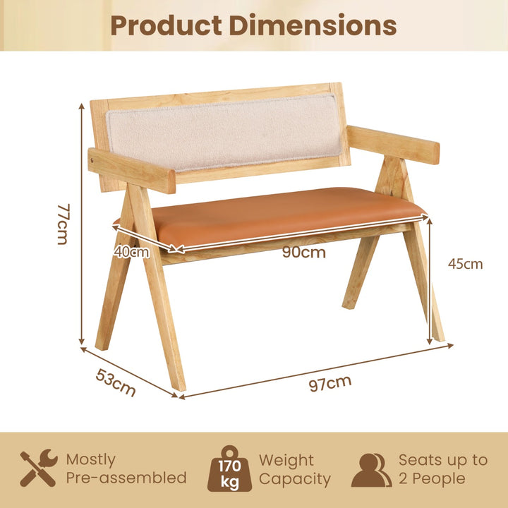 Rubber Wood Dining Bench with Armrest and Sherpa Upholstered Backrest-Natural - TidySpaces