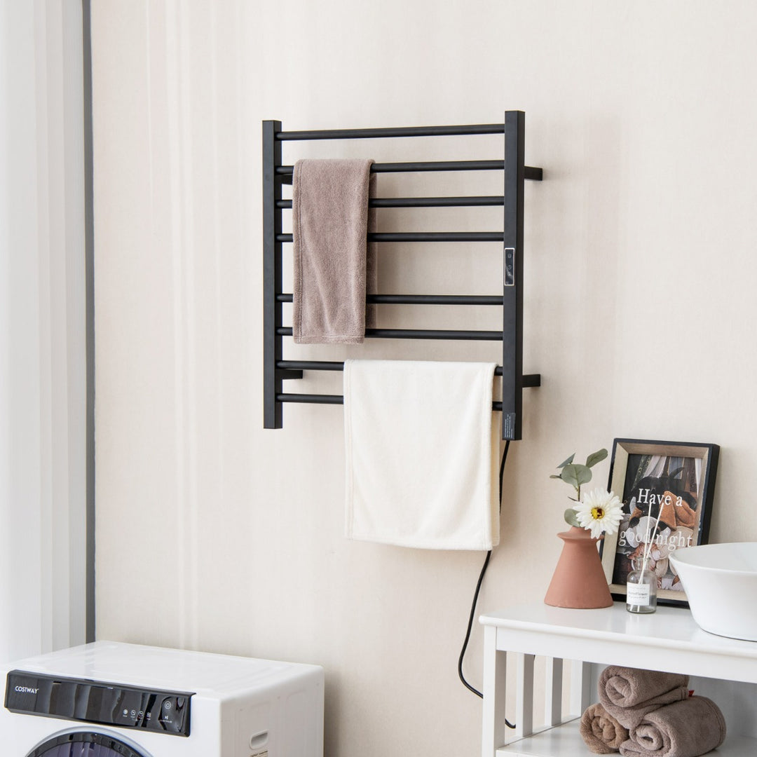 8 Bars Wall Mounted Towel Warmer Rack with LED Display-Black - TidySpaces