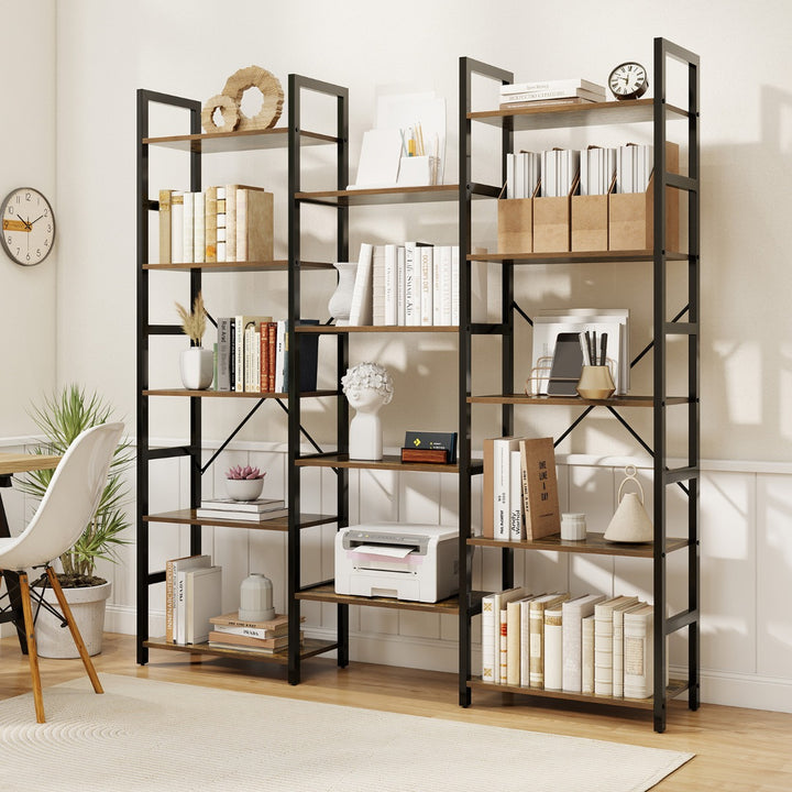 Triple Wide Heavy-duty Metal Frame Industrial Bookshelf with 14 Open Shelves-Brown - TidySpaces