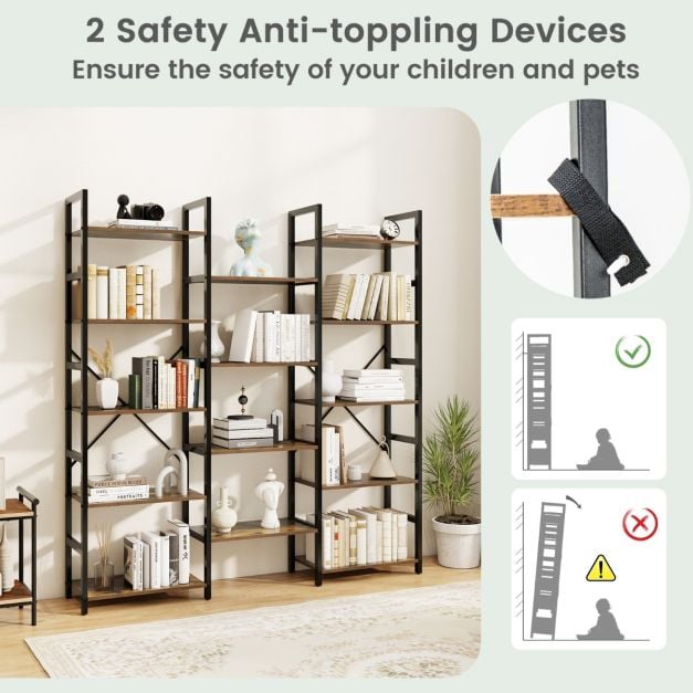 Triple Wide Heavy-duty Metal Frame Industrial Bookshelf with 14 Open Shelves-Brown - TidySpaces