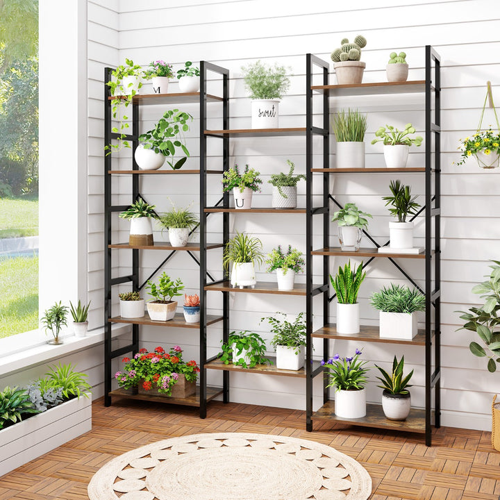Triple Wide Heavy-duty Metal Frame Industrial Bookshelf with 14 Open Shelves-Brown - TidySpaces