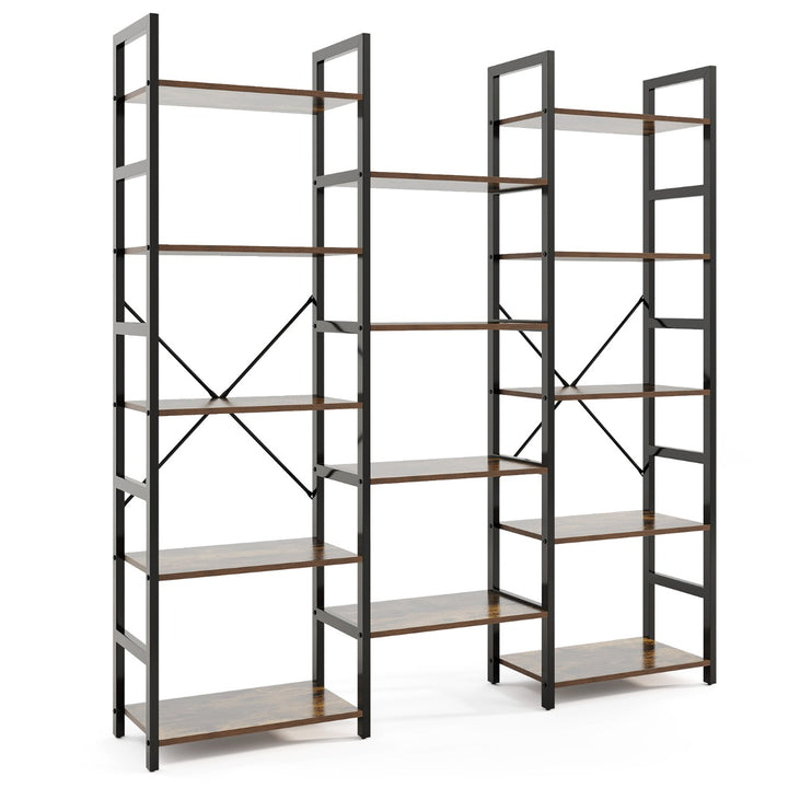 Triple Wide Heavy-duty Metal Frame Industrial Bookshelf with 14 Open Shelves-Brown - TidySpaces
