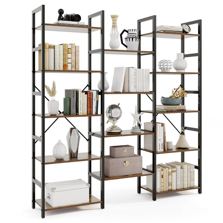 Triple Wide Heavy-duty Metal Frame Industrial Bookshelf with 14 Open Shelves-Brown - TidySpaces
