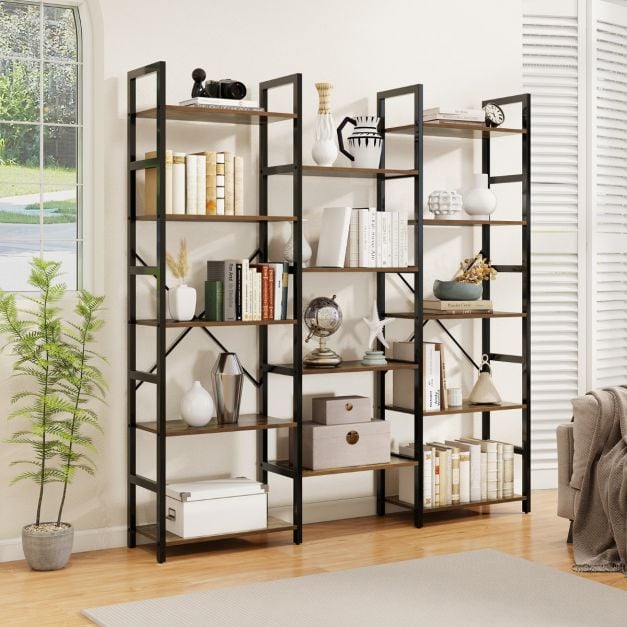 Triple Wide Heavy-duty Metal Frame Industrial Bookshelf with 14 Open Shelves-Brown - TidySpaces