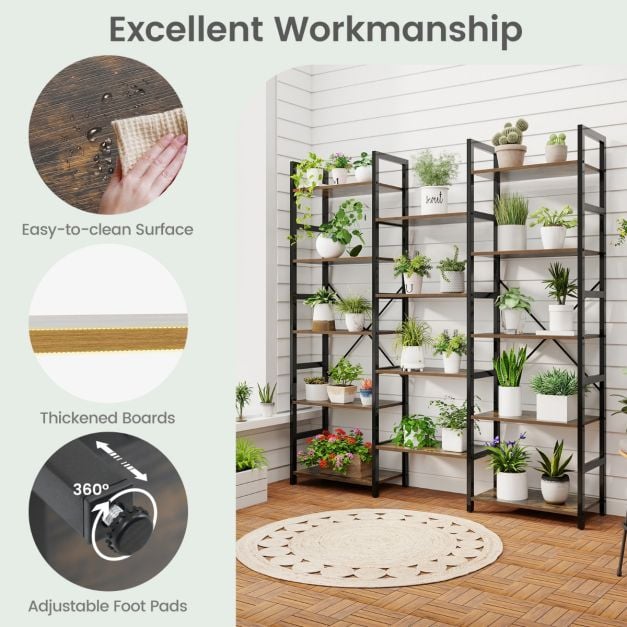 Triple Wide Heavy-duty Metal Frame Industrial Bookshelf with 14 Open Shelves-Brown - TidySpaces