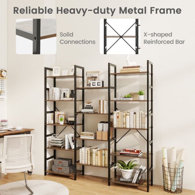Triple Wide Heavy-duty Metal Frame Industrial Bookshelf with 14 Open Shelves-Brown - TidySpaces
