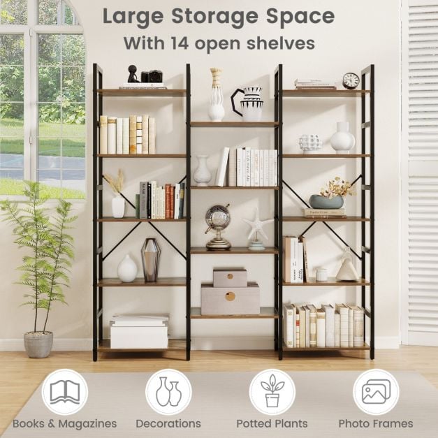 Triple Wide Heavy-duty Metal Frame Industrial Bookshelf with 14 Open Shelves-Brown - TidySpaces