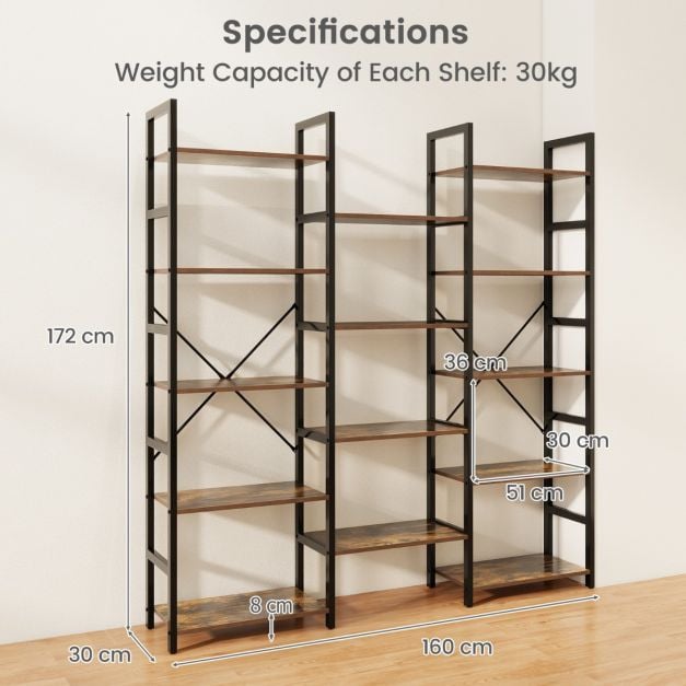 Triple Wide Heavy-duty Metal Frame Industrial Bookshelf with 14 Open Shelves-Brown - TidySpaces