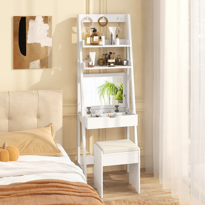 Vanity Desk Set with Flip Top Mirror and Hooks-White - TidySpaces
