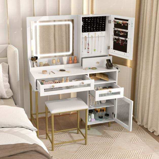 Vanity Set with 2 Fluted Glass Drawers and 1 Ordinary Drawer-White
