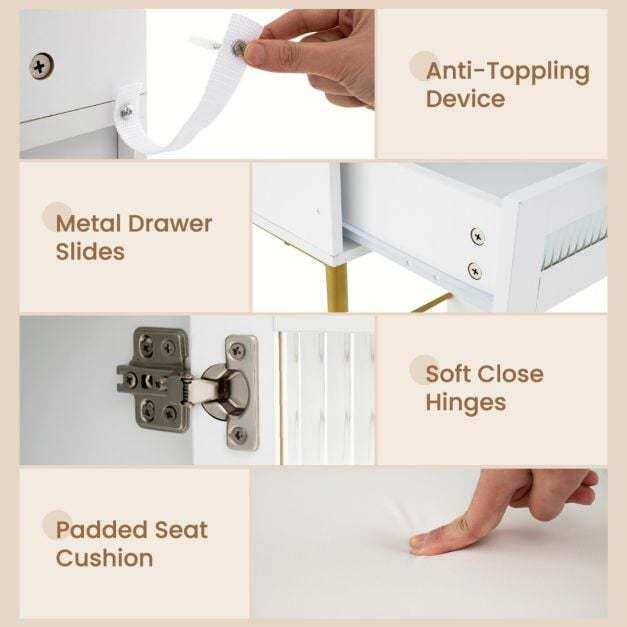 Vanity Set with 2 Fluted Glass Drawers and 1 Ordinary Drawer-White