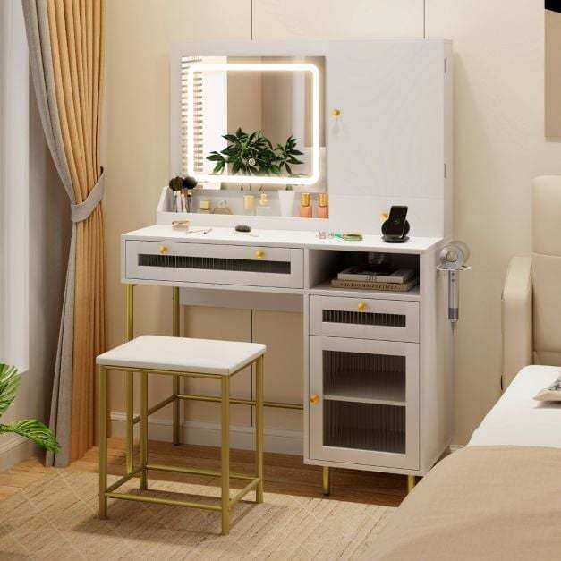 Vanity Set with 2 Fluted Glass Drawers and 1 Ordinary Drawer-White