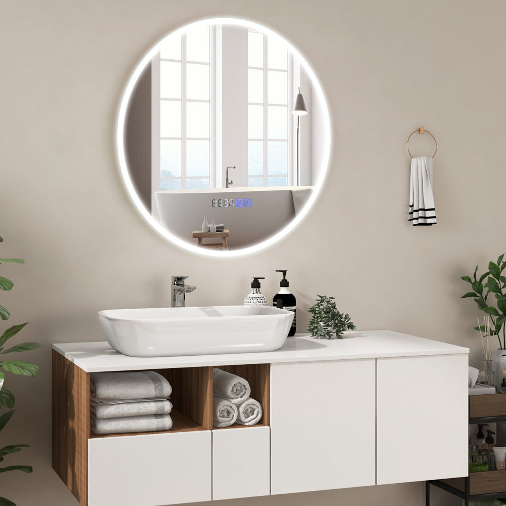 Wall Mounted Round Mirror with 3-Color Dimmable Lights and 3-Color Dimmable - TidySpaces