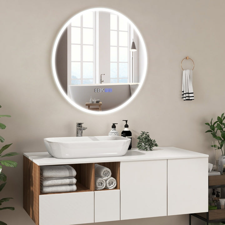 Wall Mounted Round Mirror with 3-Color Dimmable Lights and 3-Color Dimmable - TidySpaces