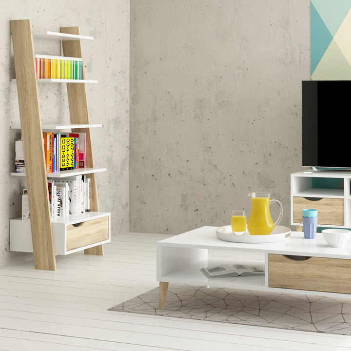 Oslo Leaning Bookcase 1 Drawer in White and Oak - TidySpaces