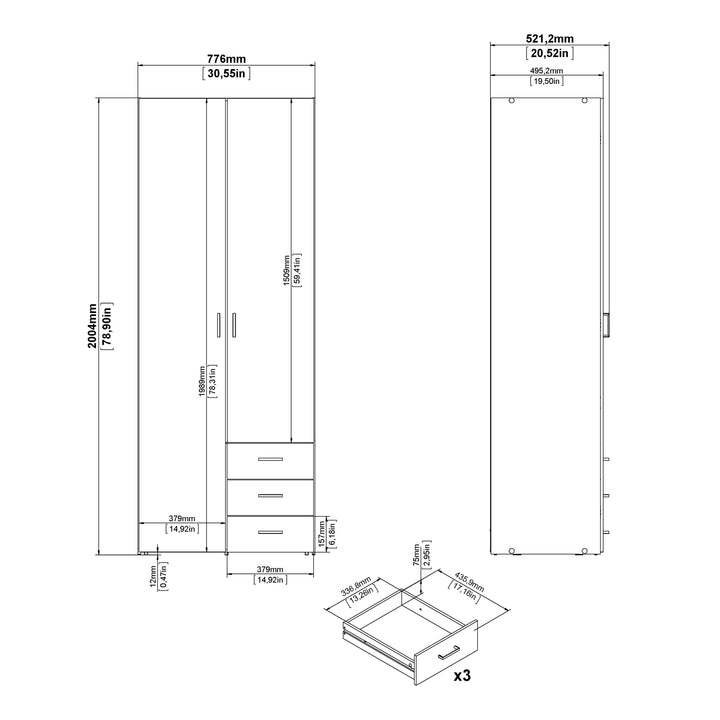 Space Wardrobe - 2 Doors 3 Drawers in White 2000 - TidySpaces