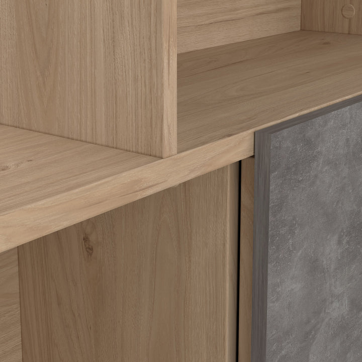 Maze Asymmetrical Bookcase with 3 Doors in Jackson Hickory and Concrete - TidySpaces