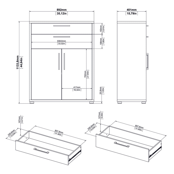 Prima Bookcase 3 Shelves With 2 Drawers And 2 Doors In White - TidySpaces