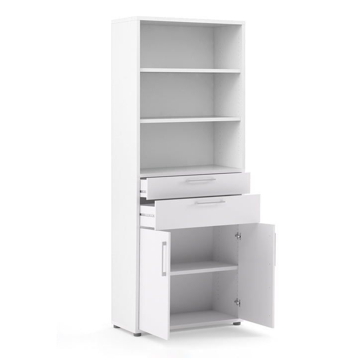 Prima Bookcase 3 Shelves With 2 Drawers And 2 Doors In White - TidySpaces