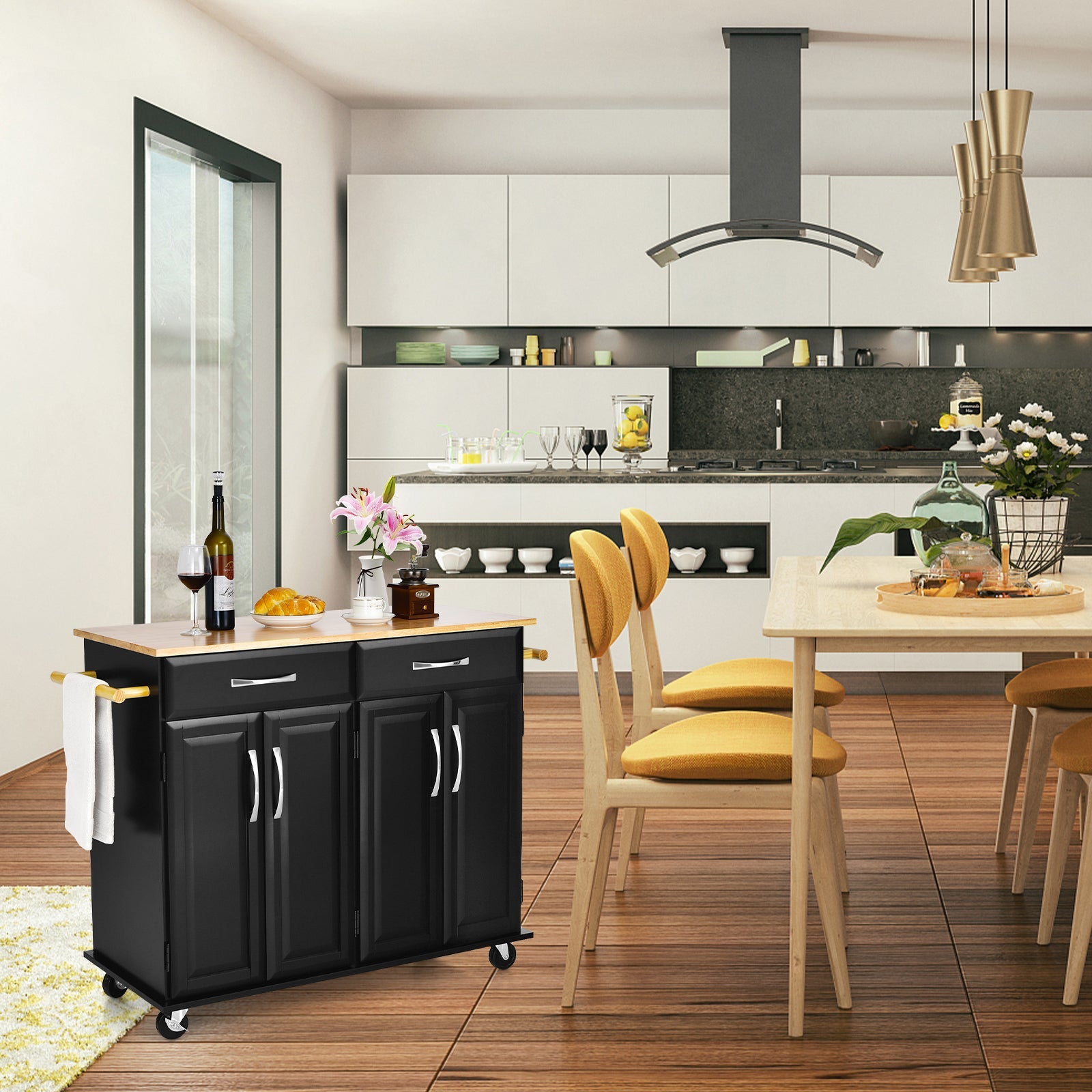 Elegant black kitchen cart on wheels, perfect for enhancing your dining experience with Buffets, Islands collection. - TidySpaces